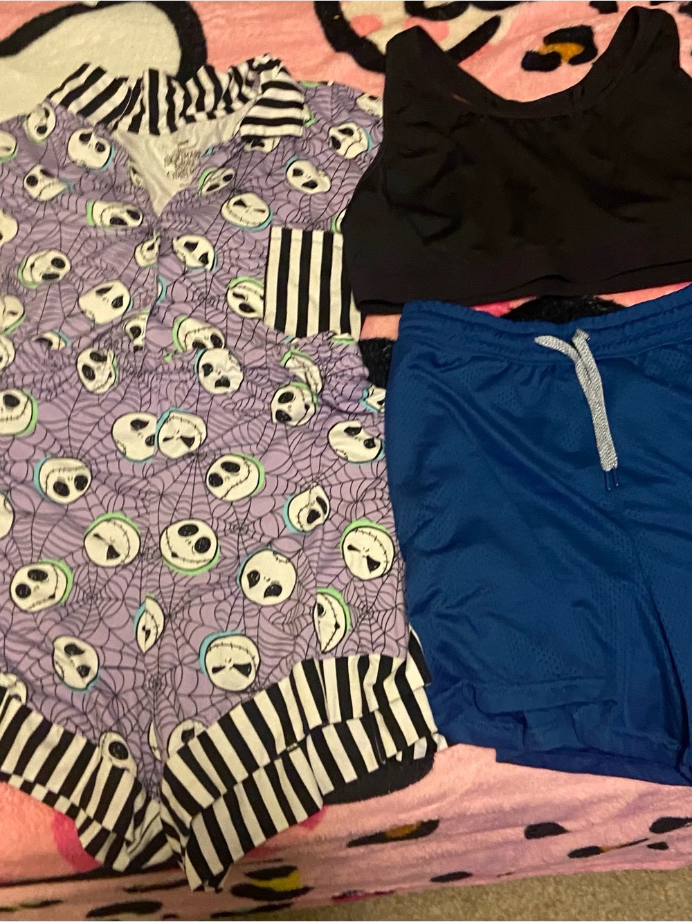 Disney Purple Jack Skellington pj set and  with Black Bralette and Blue Shorts